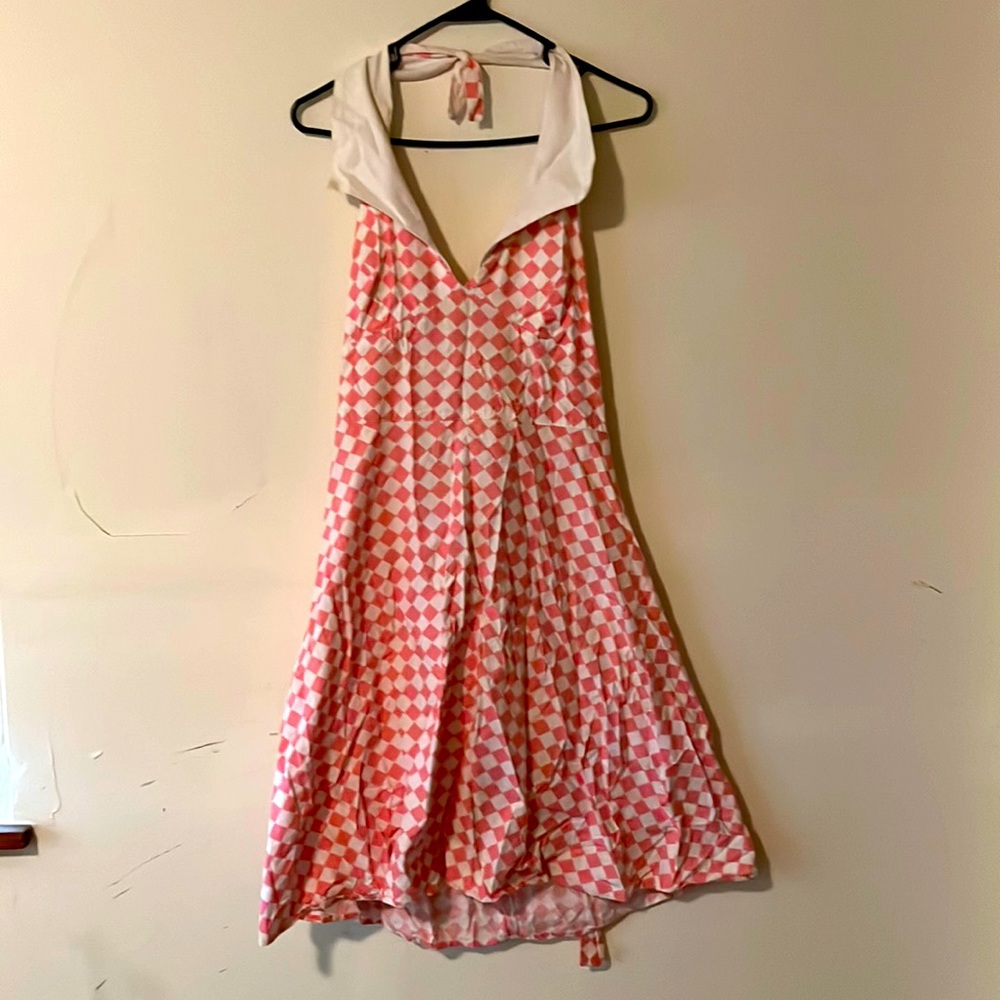 Pink checkered retro halter dress